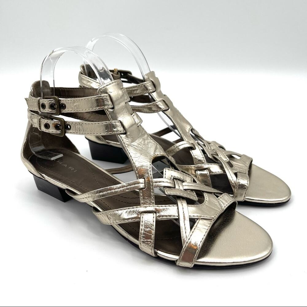 TAHARI Sandals Gold Leather Shoes Strappy Flat Ankle Straps Summer Size 9.5